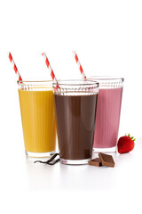 Chocolate, strawberry and vanilla milkshakes isolated on white background	