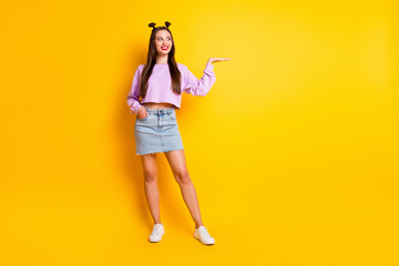 Full size photo of optimistic pretty brunette girl look hold empty space wear pink sweater skirt sneakers isolated on yellow background
