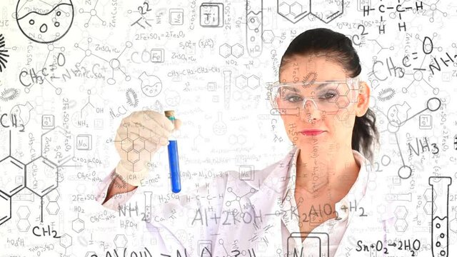 Animation of floating mathematical equations and icons over female scientist holding a probe