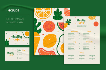 Healthy restaurant menu and business card template. - obrazy, fototapety, plakaty