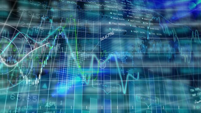 Animation of financial data processing over lines fluctuating