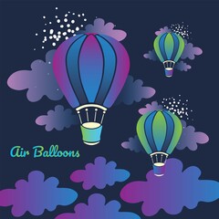 Violet blue air balloons with clouds on dark background