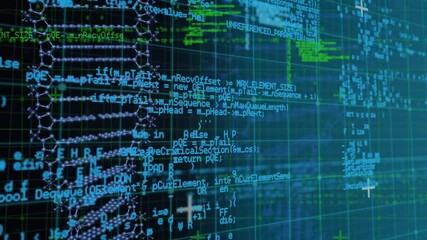 Animation of 3d dna strand spinning and scientific data processing over grid in background - Powered by Adobe