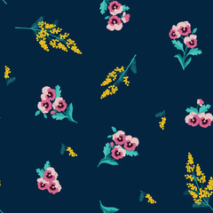 Fototapeta na wymiar Seamless vector spring illustration with pansies and mimosa on a dark background. For decorating textiles, packaging, web design.