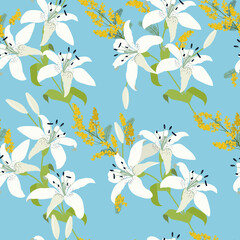 Fototapeta na wymiar Vector seamless illustration spring mimosa and white lily on a turquoise background.