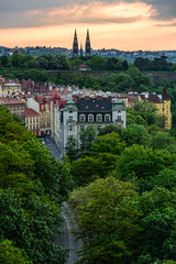 Naklejka premium A colorful sunset over the the Prague cityscape in Czech republic.