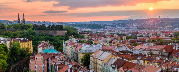 A colorful sunset over the the Prague cityscape in Czech republic.