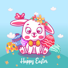 cute baby bunny with easter egg vector illustration