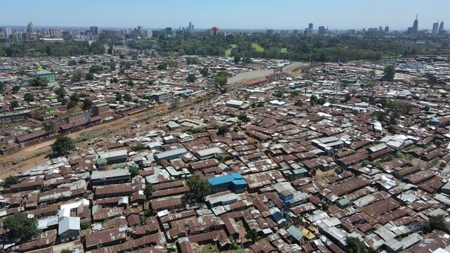 Poor housing settlement of Kibera Kenya Nairobi . Drone flying over the poor settlement houses in kibera Kenya.
