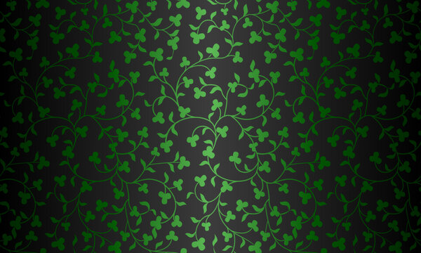 Seamless vector green floral pattern on black background. Repeating damask texture. Premium trefoil wrapping paper or silk shamrock cloth for St. Patrick day