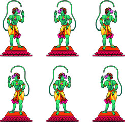Monkeyface god of power, lord Hanuman and his servants or Sevak as they are called. in Indian folk art Pinguli style. for textile printing, logo, wallpaper