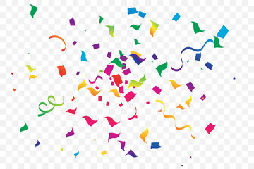 Many falling colorful confetti isolated on transparent background. Celebration banner. Vector