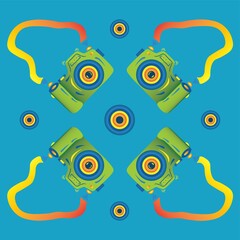 Vector pattern of green fotocameras on a light blue background