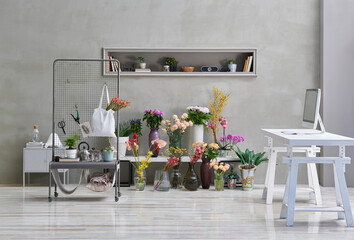 Flower shop with many colorful plant in the vase style, tool, computer style.