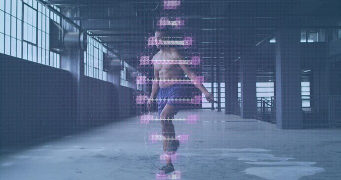 Digital composite video of dna stricture spinning against african american man jumping rope