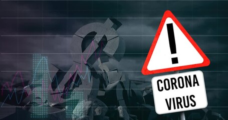 Animation of statistics recording with corona virus sign and crumbling american dollar symbol