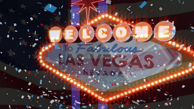 Animation of confetti falling with american flag waving over las vegas casino sign