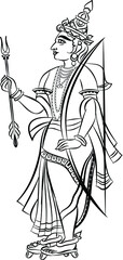Lord Rama, the Hindu god. with a bow and arrow, and Sevikas or lady servants. for textile printing, logo, wallpaper