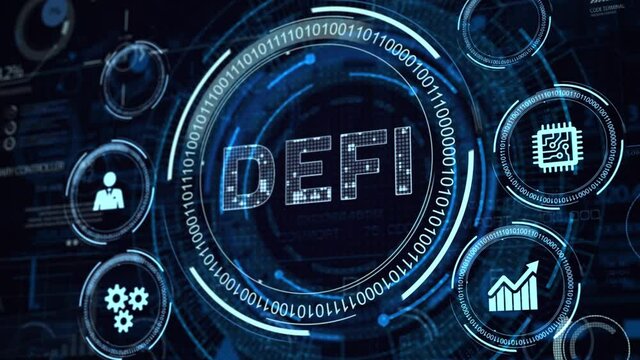 DeFi -Decentralized Finance on dark blue abstract polygonal background. Concept of blockchain, decentralized financial system