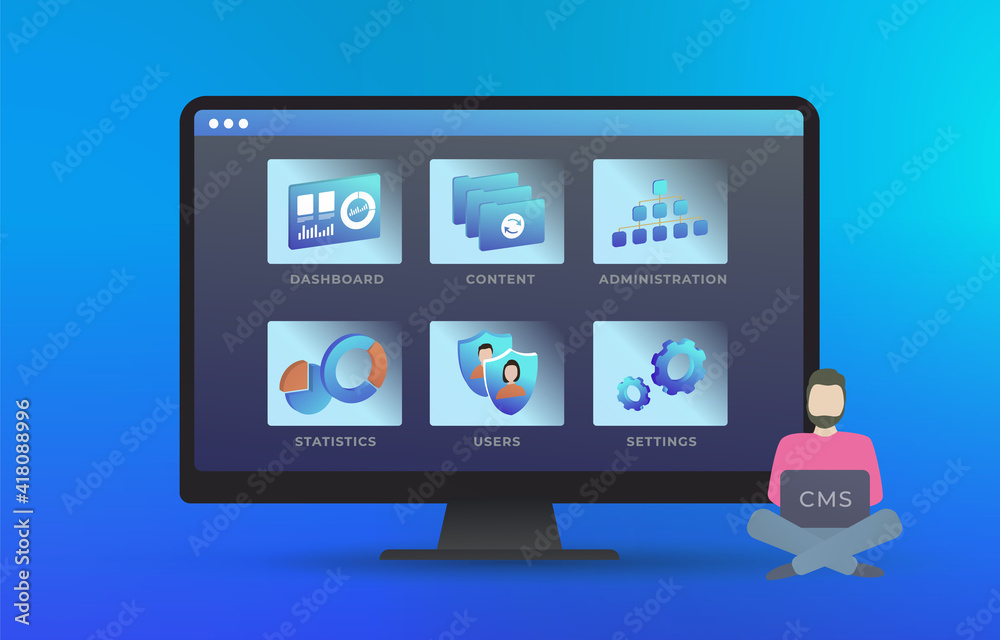 Poster Content management system - Web site management software CMS concept. Edit and change design, user and configuration settings, create and publish arcticles, cms administration, statistics