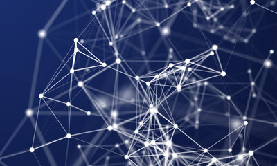 Artificial background of white dots and lines in an unevenly lit space. Plexus composition. Shallow depth of field