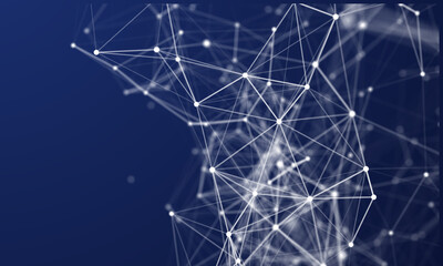 Artificial deep blue background with white dots and lines in an unevenly lit space. Plexus composition. Shallow depth of field