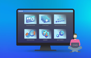 Content management system - Web site management software CMS concept. Edit and change design, user and configuration settings, create and publish arcticles, cms administration, statistics