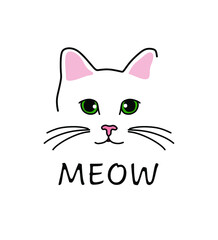 Fashion trendy illustration of cute cat. Abstract cat. Image with the inscription meow. Suitable for prints, textiles, t-shirts, logos, web, banners, cards, invitations. Vector illustration