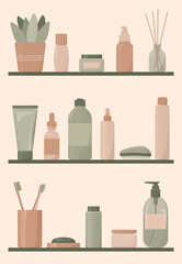 Shelves with cosmetic shampoos, oils, lotions, liquid soaps and toothbrushes. Bathroom. Vector illustration