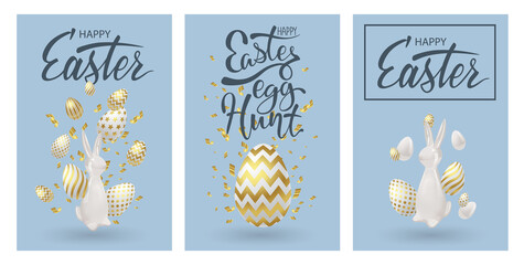 Easter posters or flyers design set with realistic 3d decoration. Golden eggs, ceramic bunny and cold confetti. Happy easter celebrating event cards, egg festival banners. Vector illustration.