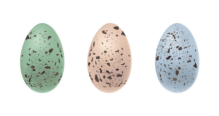 Realistic bird's blue, pink and green speckled eggs. Quail Easter eggs for holiday celebration design. Vector illustration in realistic style isolated on white background.