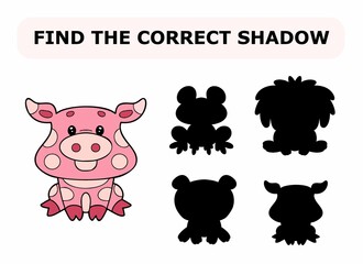 Vector illustration of shadow matching game for children. Vector isolated cartoon pig on the white background. Learning activity.