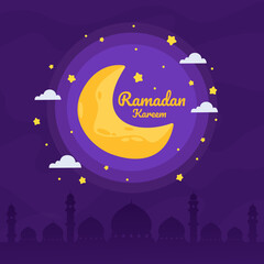 Ramadan Kareem greeting card template. Illustration vector graphic. Design concept  cloud with crescent moon and stars in flat design cartoon style, Perfect for banner, Postcard social media