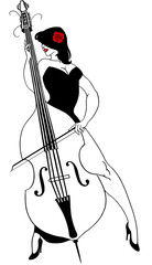a stylish woman in an evening dress plays the double bass