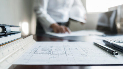 Engineers discuss a blueprint while checking information on a tablet computer in a office.