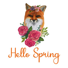 Cute cartoon fox with roses and quote Hello spring. Hand drawn illustration isolated