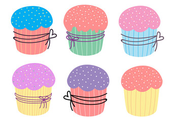 Easter cakes set. Cute Easter cupcake. Design for Easter, Birthday, Holidays. Vector flat illustration 