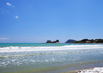 Beach of Zakynthos island. Sunny spring seascape of the Ionian Sea, Greece, Europe