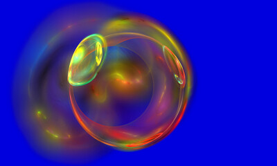 Abstract liquid or transparent glass spherical shape or bubble with red, yellow and green stains inside on blue background. Swirls and spotlights, reflections and refractions inside the shape.