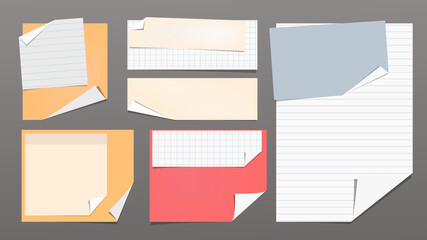 Set of torn yellow, white note, notebook paper pieces with folded corners stuck on dark grey background. Vector illustration