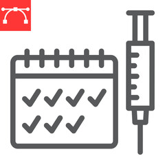 Seasonal vaccination line icon, vaccine and injection, syringe with calendar vector icon, vector graphics, editable stroke outline sign, eps 10.