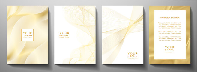 Modern cover design set. Gold abstract line pattern (guilloche curves) in premium gold color. Luxury golden stripe vector layout for business background, certificate, brochure template