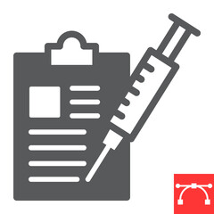 Immunization program glyph icon, vaccine and injection, clipboard with syringe vector icon, vector graphics, editable stroke solid sign, eps 10.