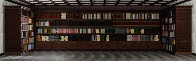 Bookcases with various books. Panoramic view of the interior of the old library. 3d illustration