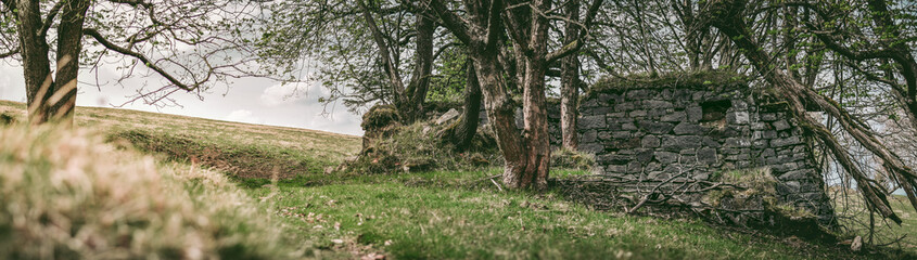Ruins of an old stone house on a hiking trail through the fields.
