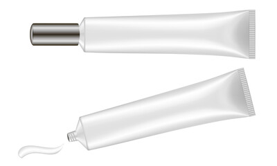 Single silver tube with long cap. Cream splash. Serum or ointment. Gel. Vector illustration isolated on a white background. 3d mockup