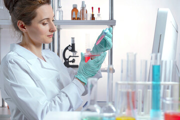 Active lady scientist pouring liquid into petri dish in a chemical laboratory. Lifestyle outdoor...