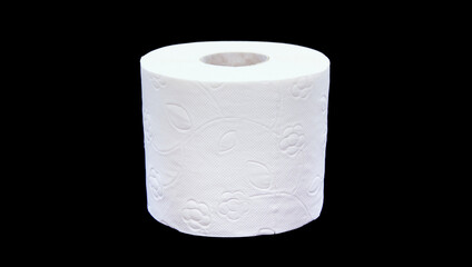Toilet paper roll on a black background. Presentation of toilet paper roll, isolated on black background. Covid-19 supplies for a rainy day. 