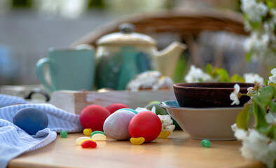 Still life Easter brunch in the garden outdoors
