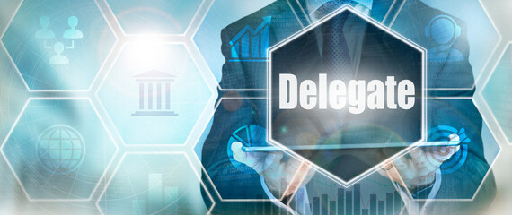 A Delegate business word concept on a futuristic blue display.